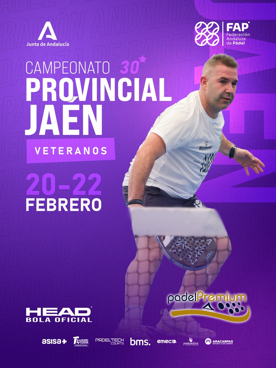 🏆Campeonato Provincial de #VeteranosFAP de #Jaen
📆20 - 22 febrero
📍Padel Premium

📝Inscripciones hasta 16 febrero: fap.es/inscripciones-…

#padel #FAP