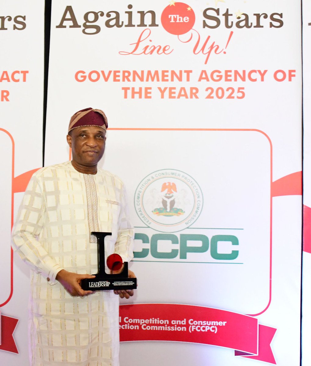 fccpcnigeria's tweet photo. FCCPC Named Government Agency of the Year 2025 at Leadership Conference

The Federal Competition and Consumer Protection Commission, FCCPC, has been named Government Agency of the Year 2025 at the 18th Leadership Annual Conference and Awards held in Abuja.

According to the organisers, the award recognises the Commission’s enforcement activities, consumer redress efforts, and regulatory interventions in key sectors of the economy.

The event took place at the Bola Ahmed Tinubu International Conference Centre on Thursday, February 12, 2026, under the theme: “Political Stability and Sustainable Development in Africa in an Increasingly Unstable Global System: A Roadmap for Nigeria.”

The citation at the award ceremony highlighted the Commission’s regulatory oversight of digital lending operations, the expansion of consumer complaint channels, and the deployment of internal case-tracking systems to improve efficiency and transparency in investigations and dispute resolution.

In recent years, the Commission has undertaken enforcement actions resulting in monetary recoveries and consumer refunds across sectors including digital lending, aviation, telecommunications, and consumer goods. Acting pursuant to its statutory mandate under the Federal Competition and Consumer Protection Act 2018, the FCCPC has continued investigations into anti-competitive conduct, misleading practices, and exploitative business behaviour.

Reacting to the award, the Executive Vice Chairman and Chief Executive Officer of the Commission, Mr. Tunji Bello, said that the recognition reflects the collective efforts of staff nationwide and reinforces the Commission's obligation to strengthen enforcement and consumer protection mechanisms.

He noted that the Commission would continue to apply its statutory powers in promoting fair competition, protecting consumers, and addressing emerging risks in sectors such as digital finance and e-commerce.

The EVC received the award on behalf of the Commission. It was presented by the Chairman of Leadership Newspapers, Zainab Nda-Isaiah. Also present at the event were the Executive Commissioner, Operations, Mr Louis Odion; the Executive Commissioner, Corporate Services, Hajiya Ummusalma Isiyaka Rabiu; and directors of the Commission.

The recognition comes amid ongoing institutional reforms and enforcement activities aimed at strengthening accountability in Nigeria’s marketplace.
@NigeriaGov @NGRSenate @HouseNGR