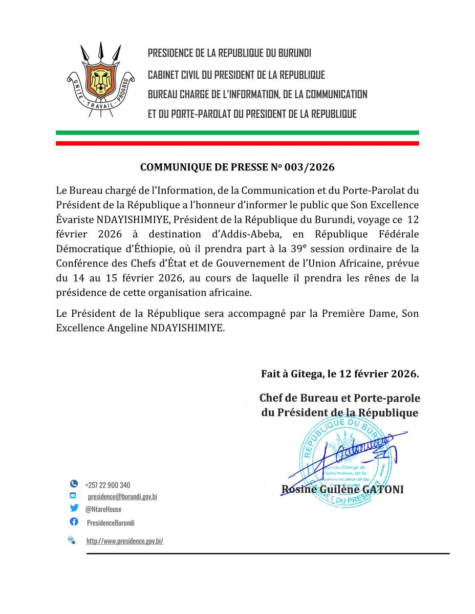 BurundiNet1's tweet photo. #BurundiDiplomatie Le chef de l'Etat #Burundi-ais @GeneralNeva en voyage à #AddisAbeba pour la session ordinaire de la conférence des chefs d'Etat et de Gouvernement de l'@_AfricanUnion prévue du 14 au 15/02/2026 où il prendra les rênes de la présidence de cette organisation. https://t.co/CWoAXFhVtu