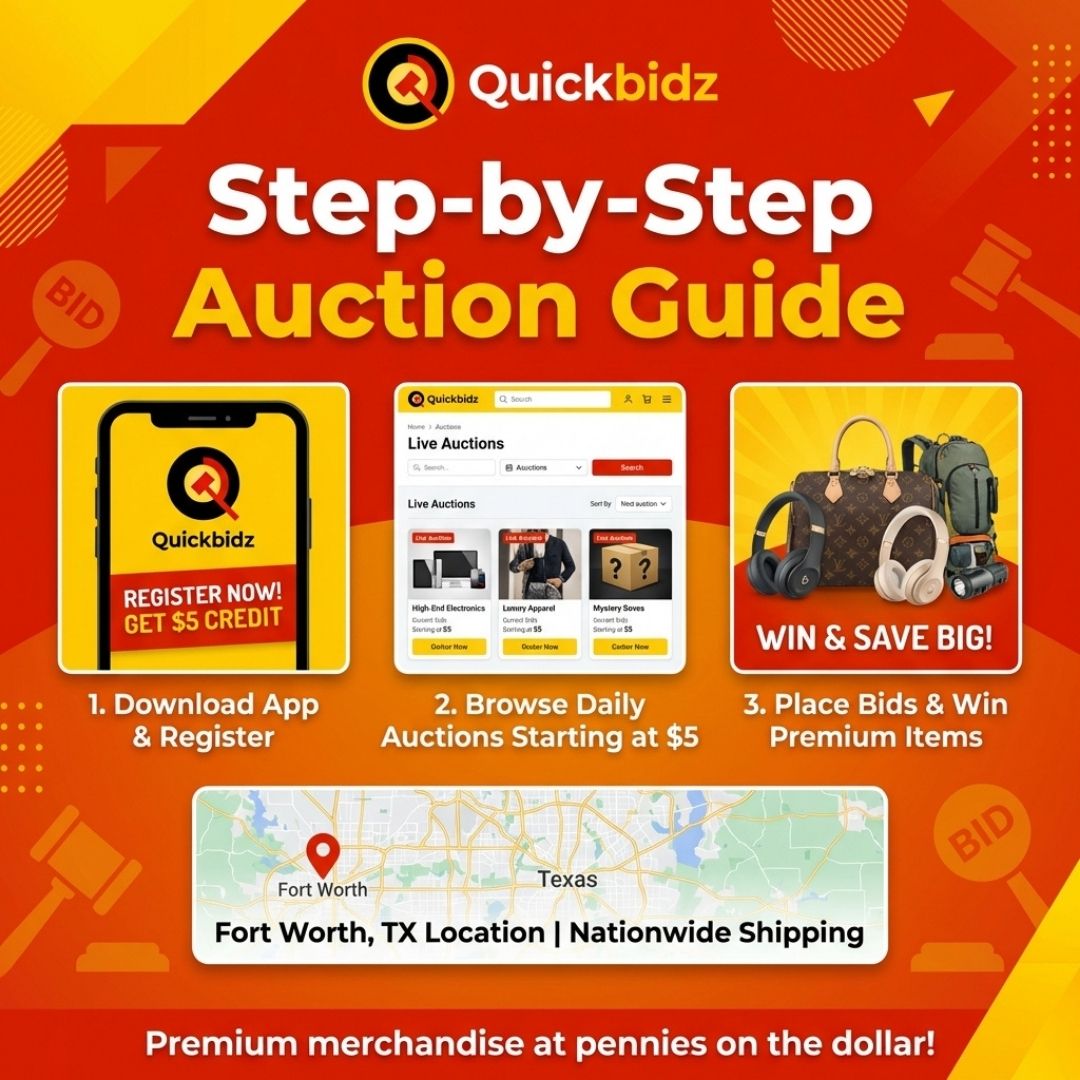 quicklotz's tweet image. Join, bid, and win big with Quick Lots—watch our step-by-step guide using real app and website clips to make your auction journey smooth and exciting! 🚚📱 #QuickLots #AuctionLife #BidAndWin #ShopSmart #FortWorthTX #LiveAuction #DownloadNow #NationwideShipping
