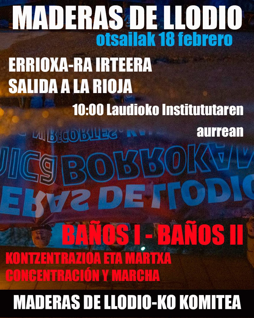 AiaraldeaGreba's tweet image. 🔊 Maderas de Llodioko langileak Errioxara doaz datorren otsailaren 18an kaleratzeen aurkako aldarria Garnicaren bihotzera eramatera. 

🚌 Bihar (otsailak 13) 18:00ak arte dago autobusean izena emateko epea, piketean. 

Zabaldu mezua! ✊✊✊