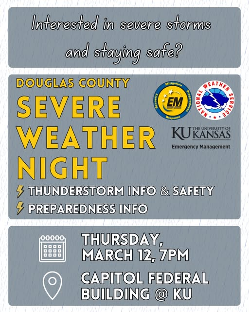 dgcoem's tweet photo. Severe storms⛈️ are a part of life in Kansas. Knowledge and preparedness can help keep you safe. Come listen and learn from the National Weather Service about watches, warnings, and storm safety. Thursday, March 12, 7pm, KU’s Capitol Federal Hall. #ksws #dgcoks https://t.co/bIvUmDrua5