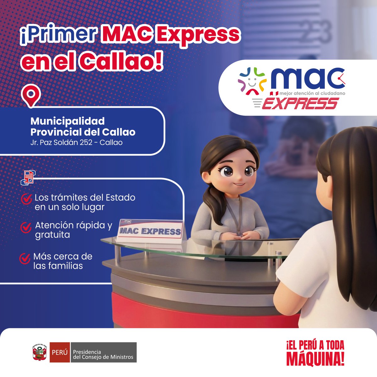 pcmperu's tweet photo. #PCMInforma | ¡El Callao ya tiene su primer MAC Express!🏢✨

Ahora los ciudadanos pueden hacer trámites de distintas entidades del Estado de manera rápida, segura y eficiente en el primer MAC Express del Callao, que funcionará dentro de las instalaciones de la Municipalidad Provincial. Así, la PCM sigue acercando los servicios públicos a las familias chalacas. 🤝

📍 Dirección: Jr. Paz Soldán 253 – Callao
🕘 Horario de atención:
Lunes a viernes: 8:00 a. m. – 4:00 p. m.
Sábados: 9:00 a. m. – 12:30 p. m.

#MACExpress #Callao #ServiciosDelEstado #PCM