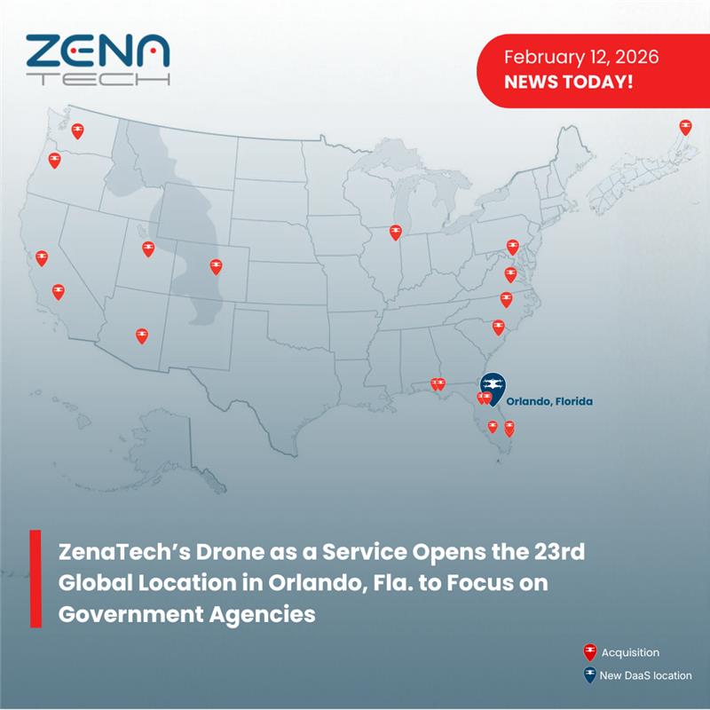 ZenaTech announces it has opened a Drone as a Service (DaaS) location at its Orlando-area business headquarters. This marks the 23rd global DaaS location, establishing a strategic hub intended to deliver high-value government and defense clients with surveying and mapping