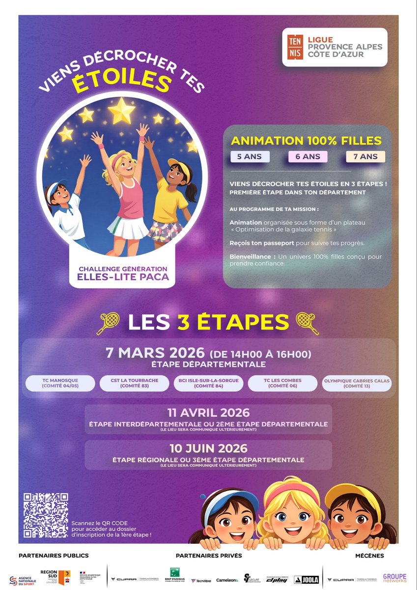 LiguePacaTennis's tweet photo. 1ʳᵉ ÉTAPE CHALLENGE ELLES-LITE PACA - VIENS DÉCROCHER TES ÉTOILES ✨

Le samedi 7 mars 2026, la Ligue Provence-Alpes-Côte d’Azur organise une animation 100 % filles pour les 5–7 ans ! https://t.co/XrbimHBwyb