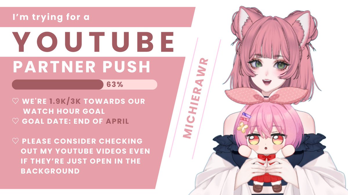 Michie is officially doing a Partner Push for Youtube!
We're 1.9k/3k towards our Watch Hour Goal, so please consider checking our her channel

Thank you so much!
youtube.com/@michie_rawr