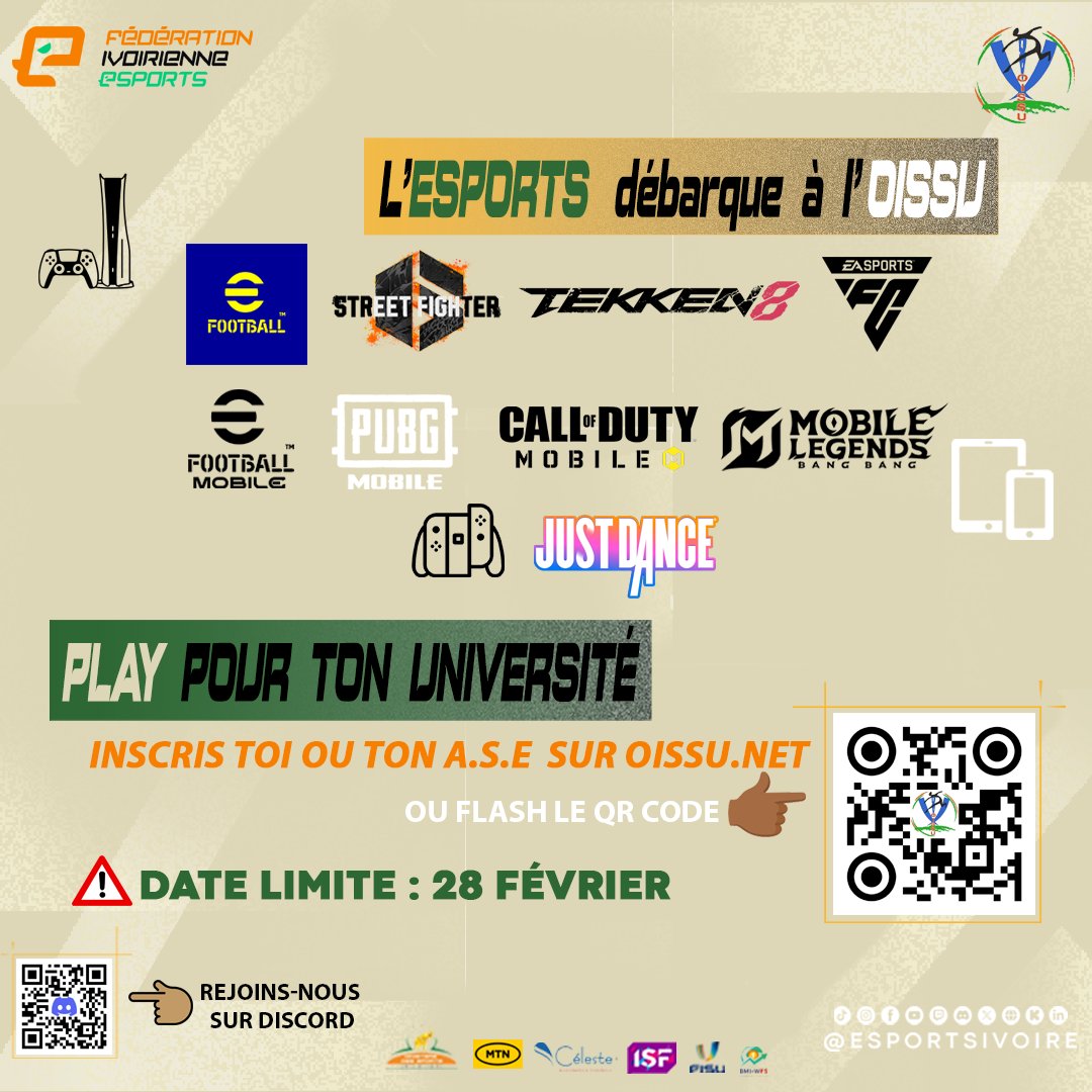 EsportsIvoire's tweet photo. 🔥L'Esports fait son entrée à l'OISSU🎮

Participes à la compétition, choisis le(s) jeu(x) pour représenter ton université.
📝Inscriptions : https://t.co/3bo02axPbk
ℹ️+ d'infos sur https://t.co/bUXIytPqo9

⚠️ Date limite : 28 février

@oissudn  #Esports #JeuxUniversitaires2026 https://t.co/eW0IoVFzar