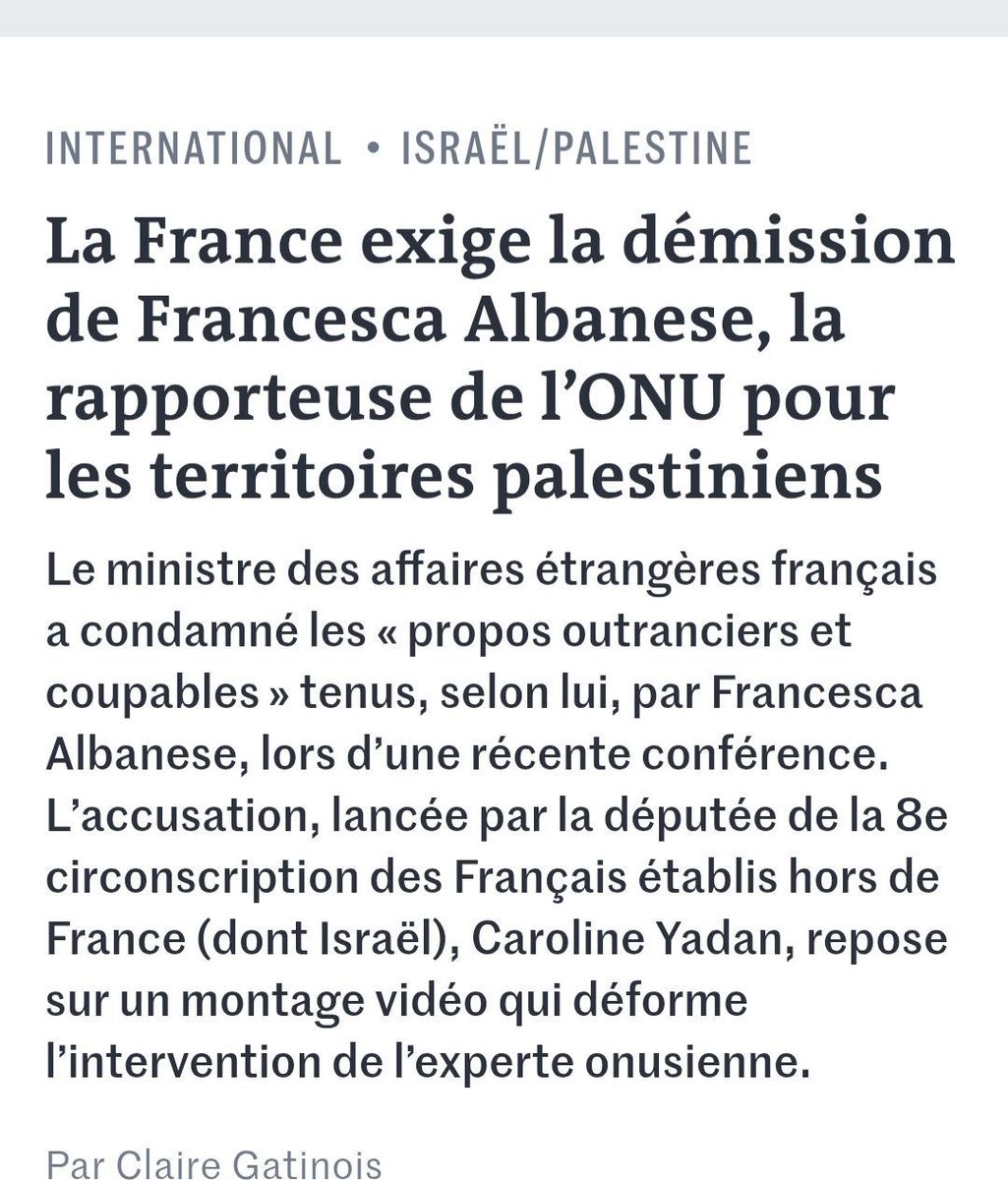 Même Le Monde, peu connu pour son courage sur la guerre à Gaza, reconnaît  que la campagne de haine contre Francesca Albanese repose sur un montage vidéo déformant complètement ses propos.

Honte à <a href="/jnbarrot/">Jean-Noël Barrot</a>, qui se fait le relai d’une campagne de haine déclenchée par le
