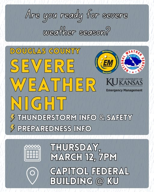 dgcoem's tweet photo. Severe weather⛈️ season is almost here! Learn how to stay informed and take action when storms threaten. Join us for Severe Weather Night with the National Weather Service: Thursday, March 12, 7pm, KU’s Capitol Federal Hall. #ksws #dgcoks https://t.co/6SlbkusNau