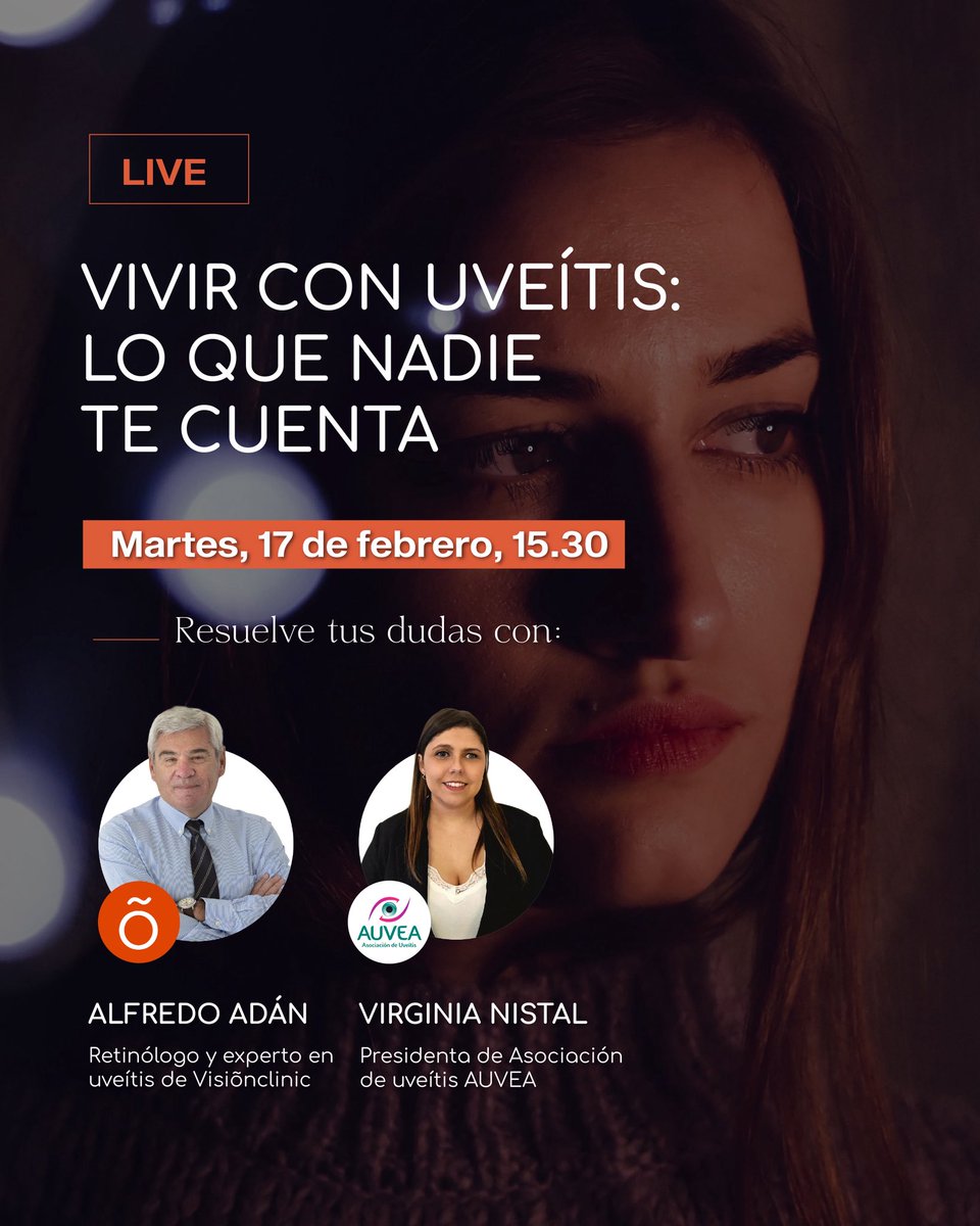La uveítis no es una enfermedad fácil, cada caso es un reto. Hablemos claro: unimos la experiencia médica de <a href="/DrAlfredoAdan/">Alfredo Adán Civera</a> con la voz de quienes la padecen <a href="/uveitis_auvea/">Asociación de Uveítis - AUVEA</a>

INSTAGRAM LIVE
“Covivir con uveítis: lo que nadie te cuenta”
📆 17/02, 15:30
🔗  instagram.com/visionclinicb