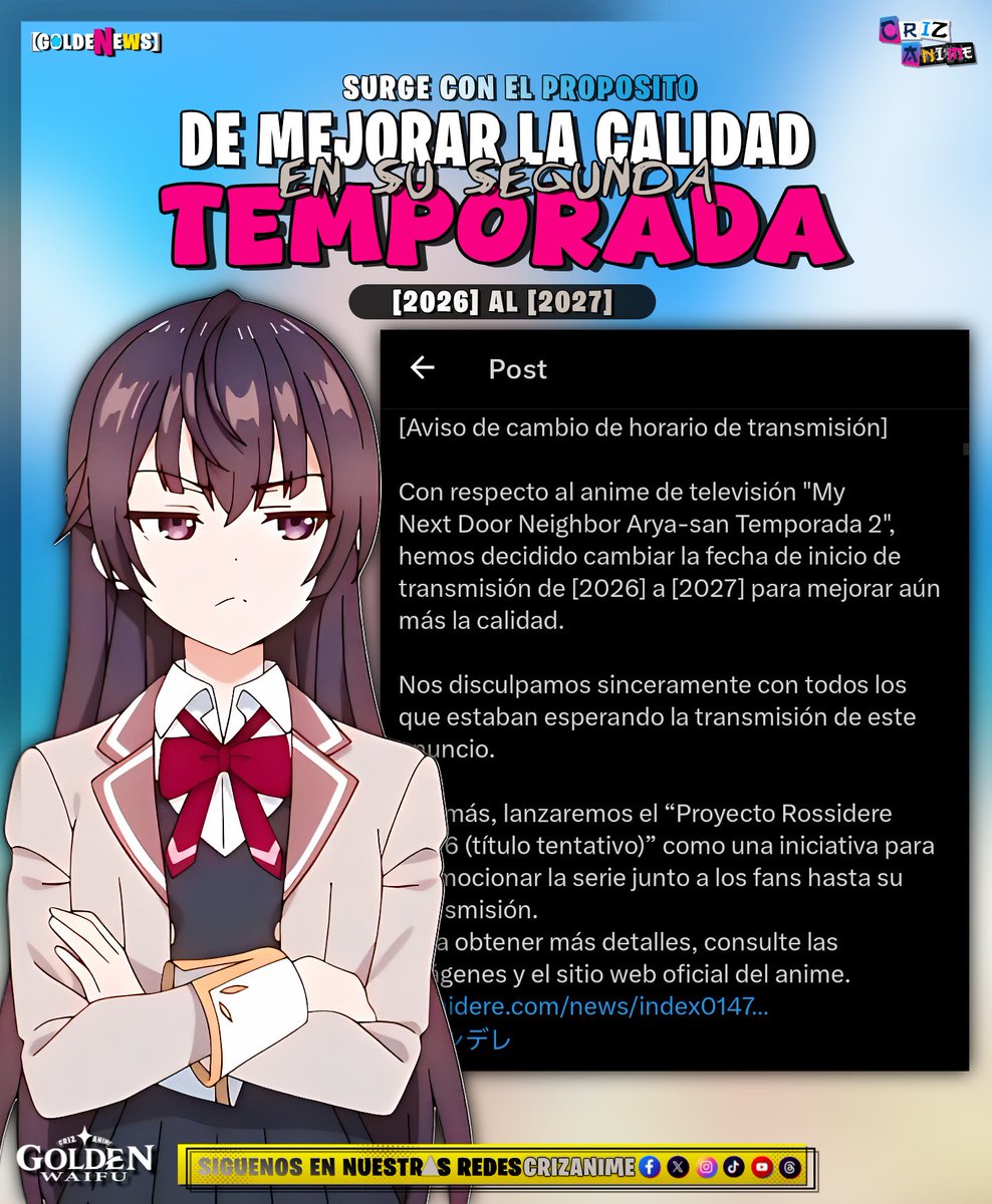 CRIZanime's tweet photo. Aviso importante ⛔

El anime #alyasometimeshidesherfeelings ( Roshidere )
Confirma cambio de fecha De su segunda Temporada 
Del 2026 al 2027

#Criz #Goldenwaifu https://t.co/L1dW9z2dze