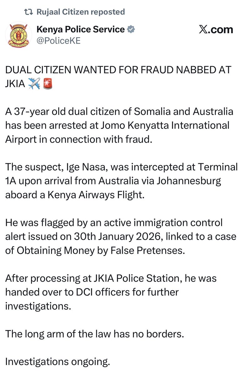 dhoorebbc's tweet photo. Kenyan police say a 37-year-old dual citizen of Somalia and Australia has been arrested at Jomo Kenyatta International Airport in connection with fraud.

The suspect, Ige Nasa, was intercepted at Terminal 1A upon arrival from Australia via Johannesburg aboard a Kenya Airways flight.

He served as an international relations advisor to the Somali president and was later dismissed.