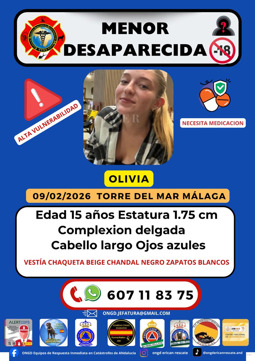 🆘Menor desaparecida en Torre del Mar

⚠️"Alta vulnerabilidad"

➡️"Necesita medicación"