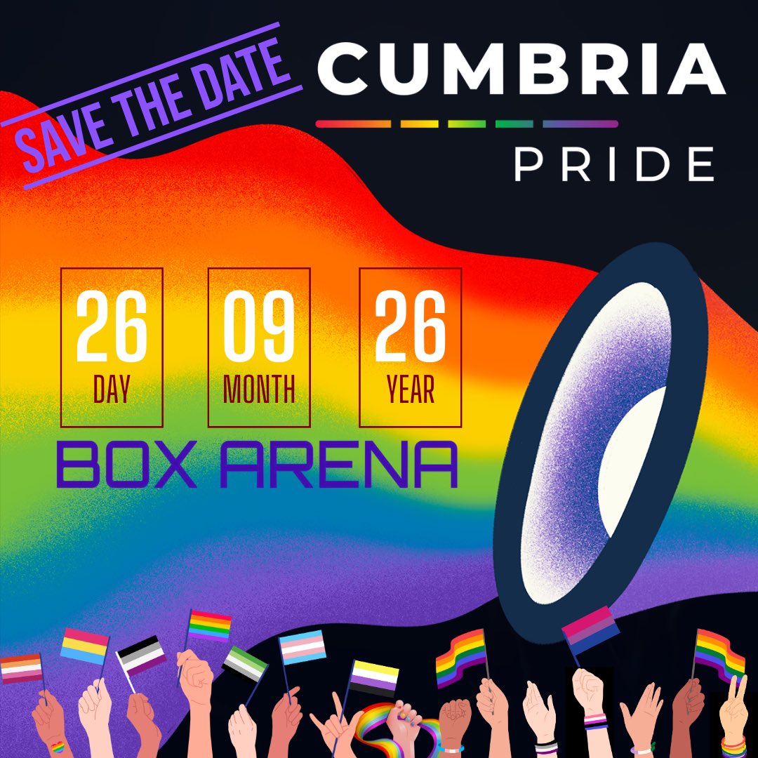 CumbriaPride's tweet photo. SAVE THE DATE!
Cumbria Pride 2026
Saturday 26 September
Box Arena, Carlisle
More info soon …
#Pride #Pride2026 #CantWaitForCumbriaPride #LGBTplus #LGBT https://t.co/IgG6X0tihD