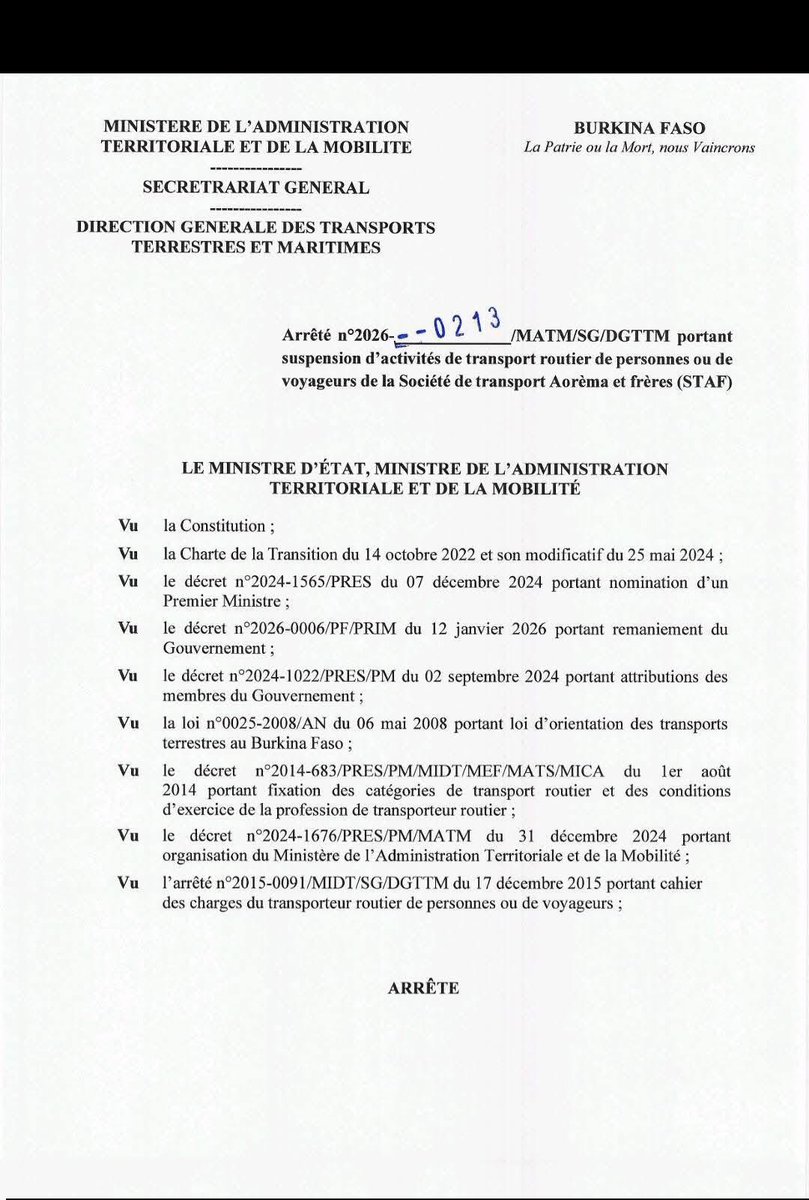 L_Activiste226's tweet image. #New226| #Burkinafaso🇧🇫⛔️‼️:

Sécurité routière : la STAF suspendue – la vie des usagers doit primer sur les intérêts économiques . 

Nous prenons acte de la décision du ministère de l’Administration territoriale et de la Mobilité (MATM) de suspendre, à compter du 16 février