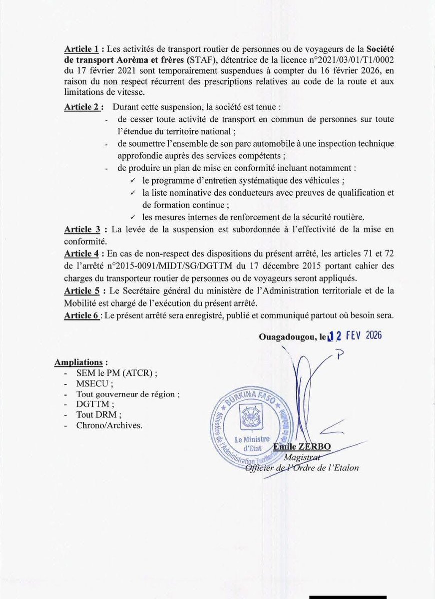 L_Activiste226's tweet image. #New226| #Burkinafaso🇧🇫⛔️‼️:

Sécurité routière : la STAF suspendue – la vie des usagers doit primer sur les intérêts économiques . 

Nous prenons acte de la décision du ministère de l’Administration territoriale et de la Mobilité (MATM) de suspendre, à compter du 16 février