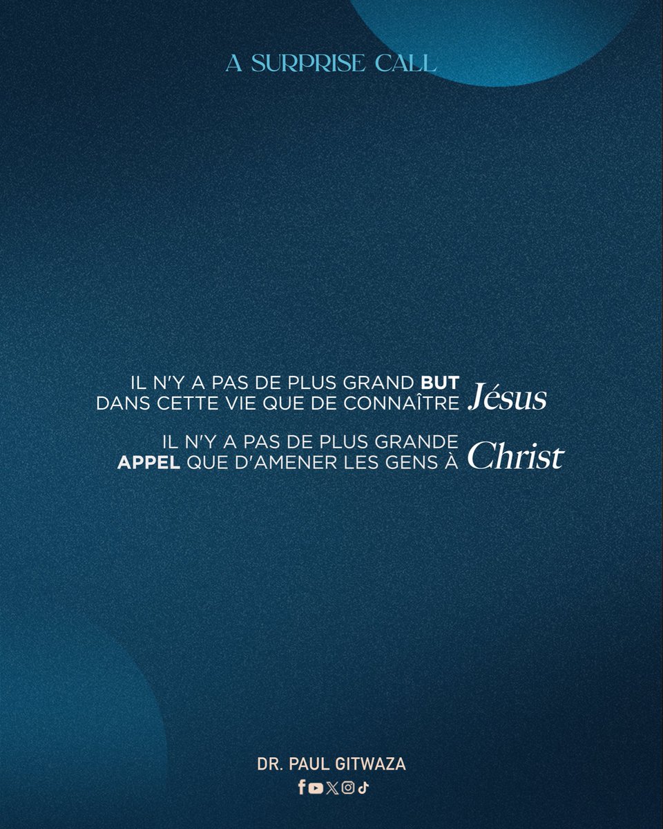 Intego y'ubuzima ni ukumenya Yesu.
Intego ya buri muhamagaro ni ukuzana abantu kuri Yesu.

The purpose of life is to know Jesus.
The purpose of every calling is to bring people to Jesus.

Le but de la vie est de connaître Jésus. Le but de toute vocation est d'amener les gens à