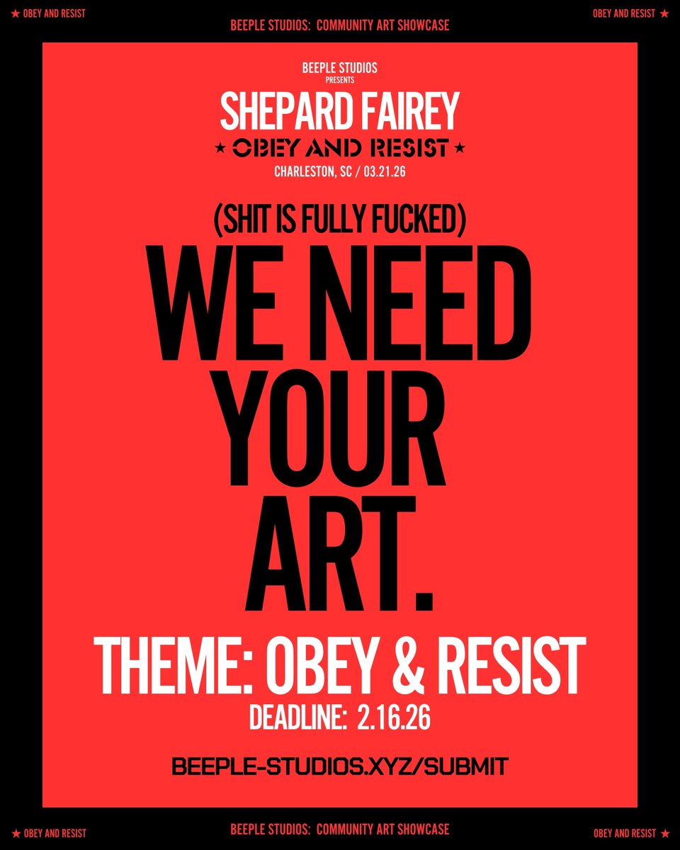 Artists, this is a great opportunity to have your work showcased during Shepard Fairey’s Obey and Resist show at <a href="/beeple/">beeple</a> Studios on March 31, 2026!

Submit your work below 👇
beeple-studios.xyz/submit/