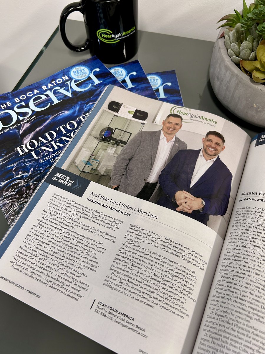 HearAgain1's tweet photo. We’re proud to share that Hear Again America was featured in the “Men On The Move” section of The Boca Raton Observer magazine, highlighting our owners and the vision, leadership, and momentum behind the continued growth of our organization. https://t.co/7mcLflIEWp