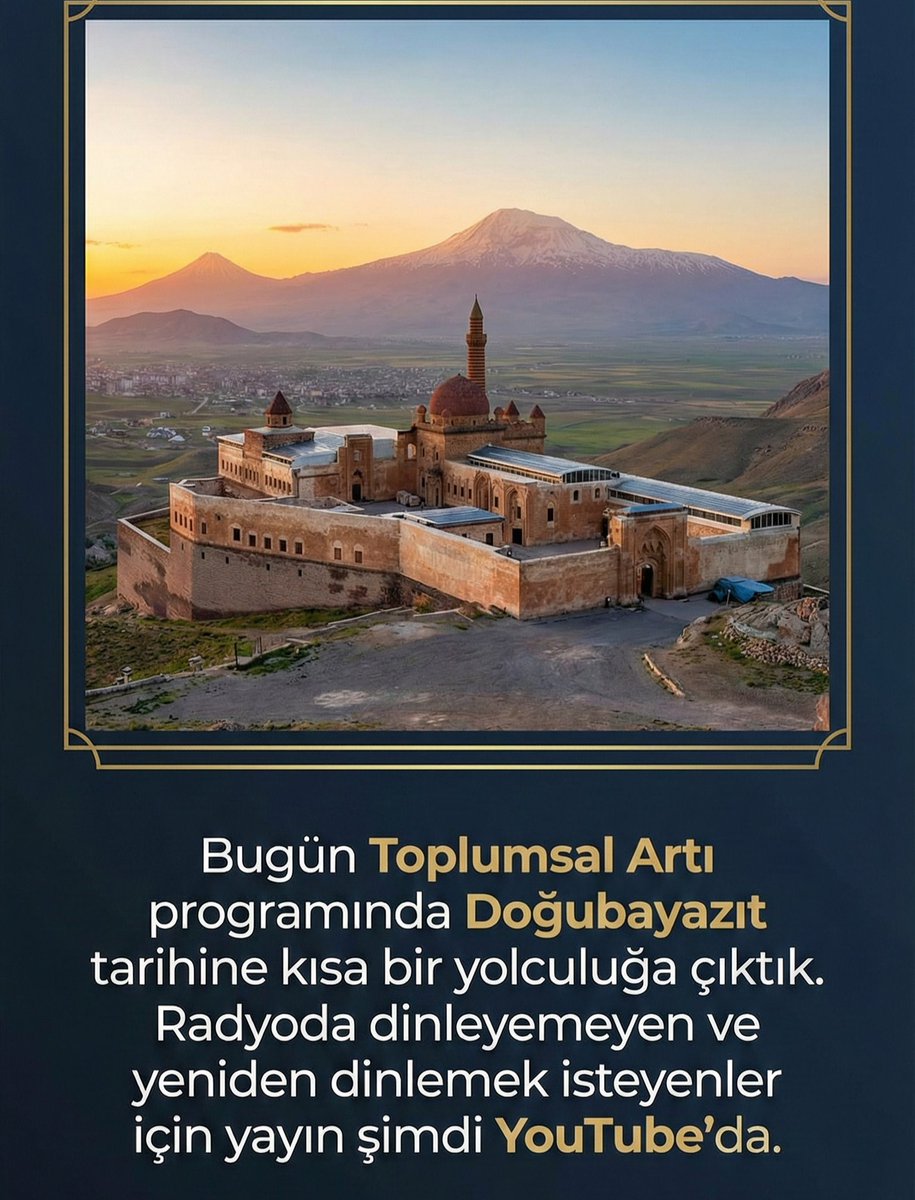 Bugün Toplumsal Artı programında Doğubayazıt tarihine kısa bir yolculuğa çıktık. Radyoda dinleyemeyen ve yeniden dinlemek isteyenler için yayın şimdi YouTube'da.  
ytbe.app/go/2KodRJ63