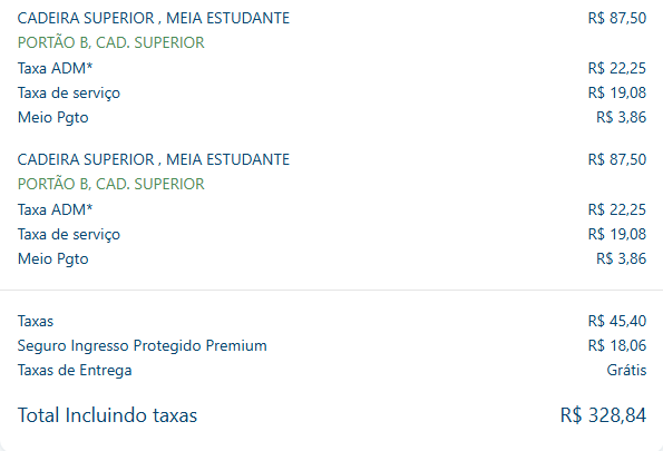 Isso é um dos maiores absurdos que já vi.

Cada ingresso tem: taxa ADM, taxa de serviço e tarifa do cartão.

Além disso, ao fim, cobram mais R$ 45,40 de taxas (não é a soma de todas cobradas e sim uma outra taxa).

Isso é um completo absurdo da Eventim.