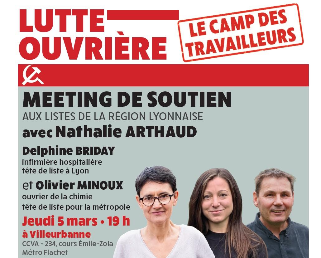 Pour faire entendre le camp des travailleurs, pour soutenir les listes #LutteOuvrière aux élections #Municipales2026 à #Lyon, #Villeurbanne et dans toute l'agglomération, venez nombreux à notre meeting le jeudi 5 mars, avec <a href="/n_arthaud/">Nathalie Arthaud</a> !