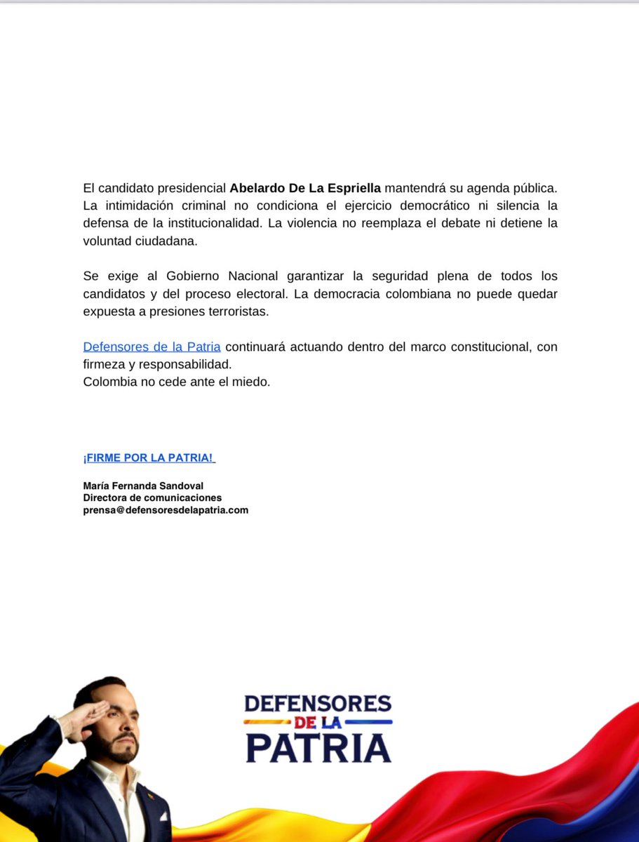 ABDELAESPRIELLA's tweet image. #Atención 🚨
COMUNICADO A LA OPINIÓN PÚBLICA

El ELN me declara objetivo militar.

Este hecho confirma lo que el país ya sabe: en Colombia, los criminales y terroristas se sienten fortalecidos por un gobierno débil, permisivo y cómplice con la violencia.

Seguiré recorriendo el…
