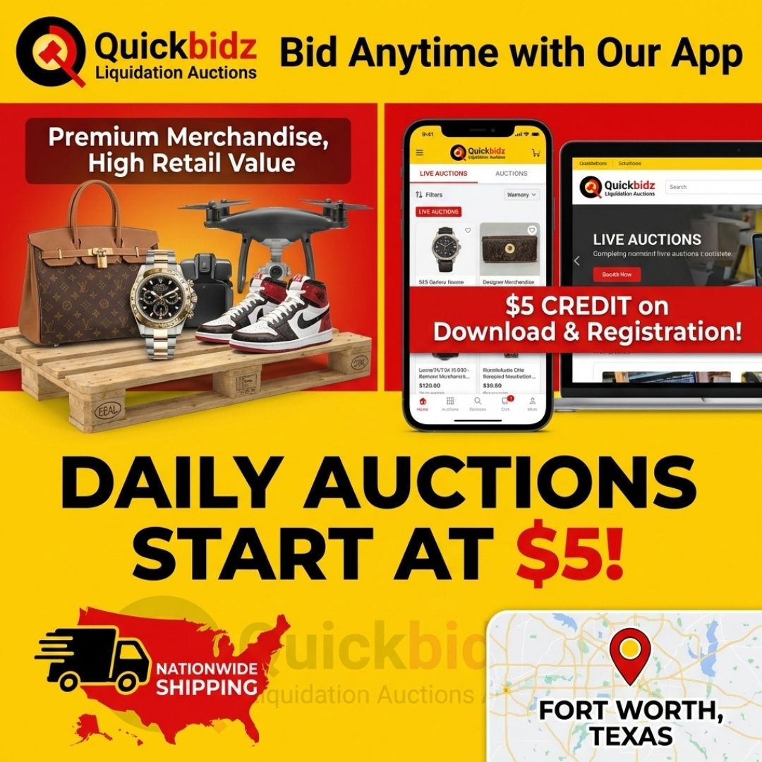 quicklotz's tweet image. Experience convenience with Quick Lots—live and pre-bidding, push notifications, secure payments, $5 daily auctions, and nationwide shipping from Fort Worth! Download now for your $5 credit! #QuickLots #LiveAuction #SecurePayments #FortWorthDeals #AuctionLife #Nationwide...