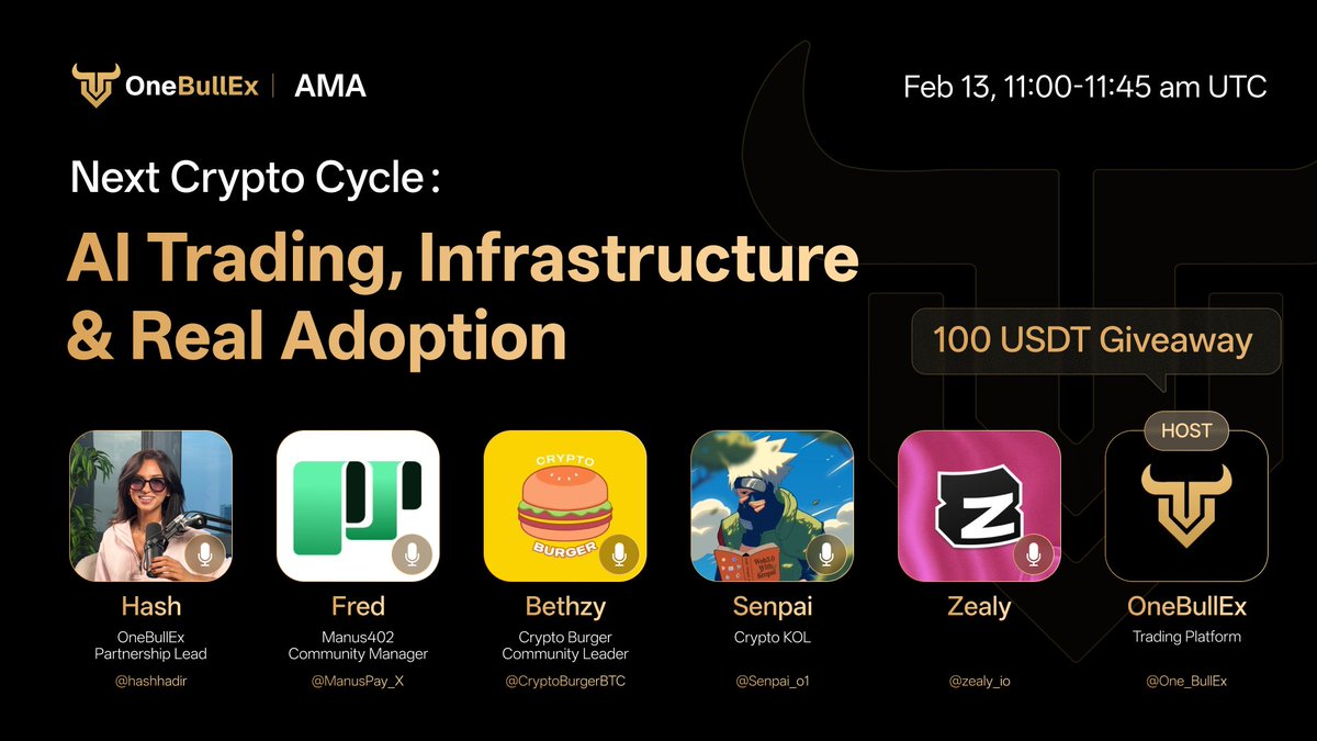 One_BullEx's tweet image. 🟡 AMA Alert | Next Crypto Cycle: AI Trading, Infrastructure &amp;amp; Real Adoption
🔸 Feb 13 (Friday) | 11:00 - 11:45 AM (UTC)
🎙 Guests: @HashHadir @ManusPay_X @CryptoBurgerBTC @Senpai_o1 @zealy_io 
👉 Set your reminder: x.com/i/spaces/1BRJj… 

🎁 100 USDT Giveaway
- Like + RT
-…