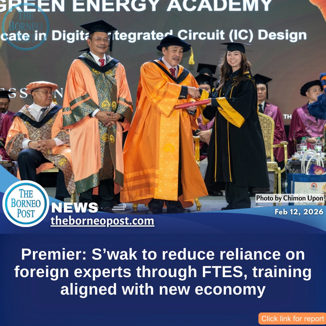 theborneopost's tweet image. Sarawak aims to cut reliance on foreign experts by developing local talent through FTES and industry-aligned training, says Premier Datuk Patinggi Tan Sri Abang Johari Tun Openg.
theborneopost.com/2026/02/12/pre…

#Sarawak #FTES #SkillsTraining #NewEconomy #HighSkilledWorkforce