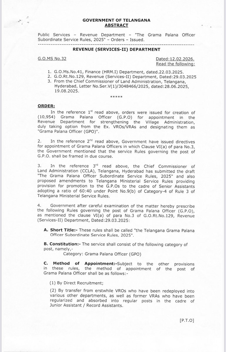 JacobBhoompag's tweet photo. Government has issued https://t.co/0ffNQO1uc1.32, dated 12.02.2026, framing the Telangana Grama Palana Officer Subordinate Service Rules, 2025. This is a significant step towards strengthening the Grama Palana Officer cadre and Village Administration. https://t.co/zKzAdMrMMI