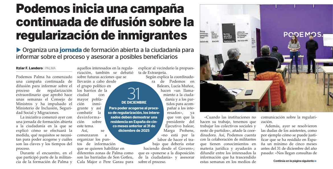 ‼️Ayer hicimos la primera jornada para difundir y tejer redes colectivas para la regularización extraordinaria de personas migrantes 👉¡El próximo sábado 28 de febrero estaremos delante de la Estación Intermodal de Palma con toda la información! ¡Os esperamos!