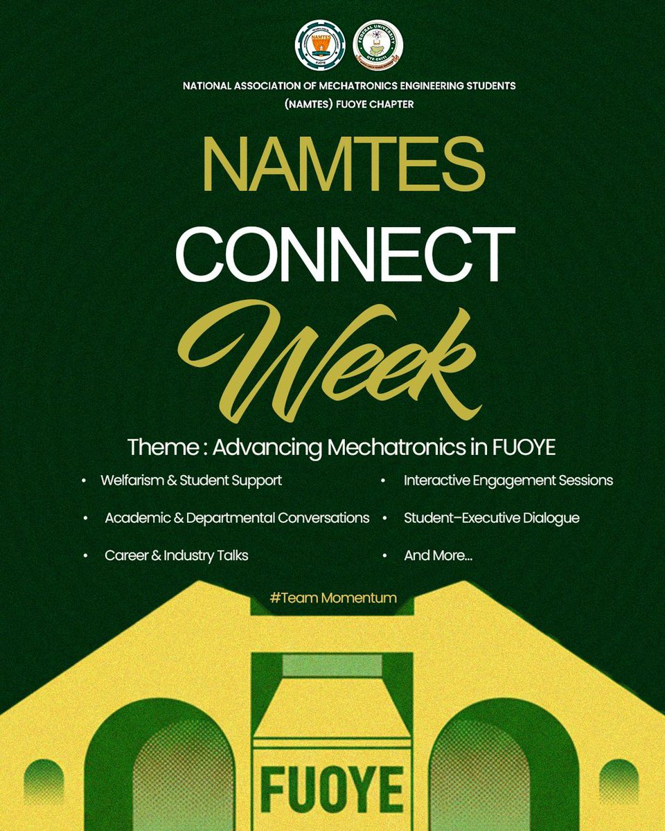 namtesofficial's tweet photo. A new chapter of engagement begins.

NAMTES CONNECT WEEK is not just another programme —
it is a strategic convergence of ideas, leadership, and student voices.

This is about advancing MECHATRONICS @ FUOYE the right way.

Details unfold soon.
#TeamMomentum
#connect360 https://t.co/8qDHR5AkjA