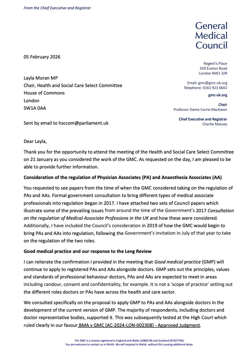 An image of the first page of a correspondence from the GMC - 21 January session follow-up. Read the full letter: https://committees.parliament.uk/publications/51629/documents/286039/default/