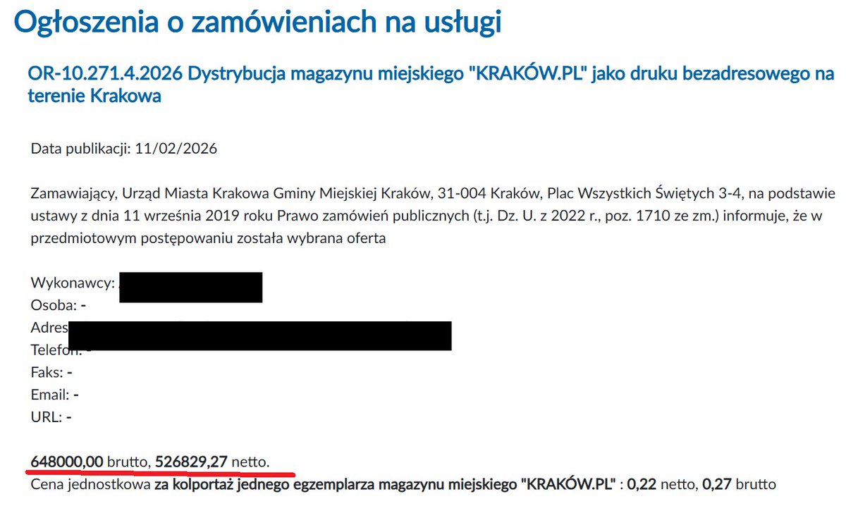 Władze <a href="/krakow_pl/">Kraków</a> zdecydowały. Za dostarczenie miejskiej gazetki do skrzynek mieszkańców miasto zapłaci 648 tys. zł. Razem z drukiem (1,5 mln zł) daje to ponad 2 mln zł z kieszeni podatników. Nakład rośnie z 30 tys. do 220 tys. sztuk.