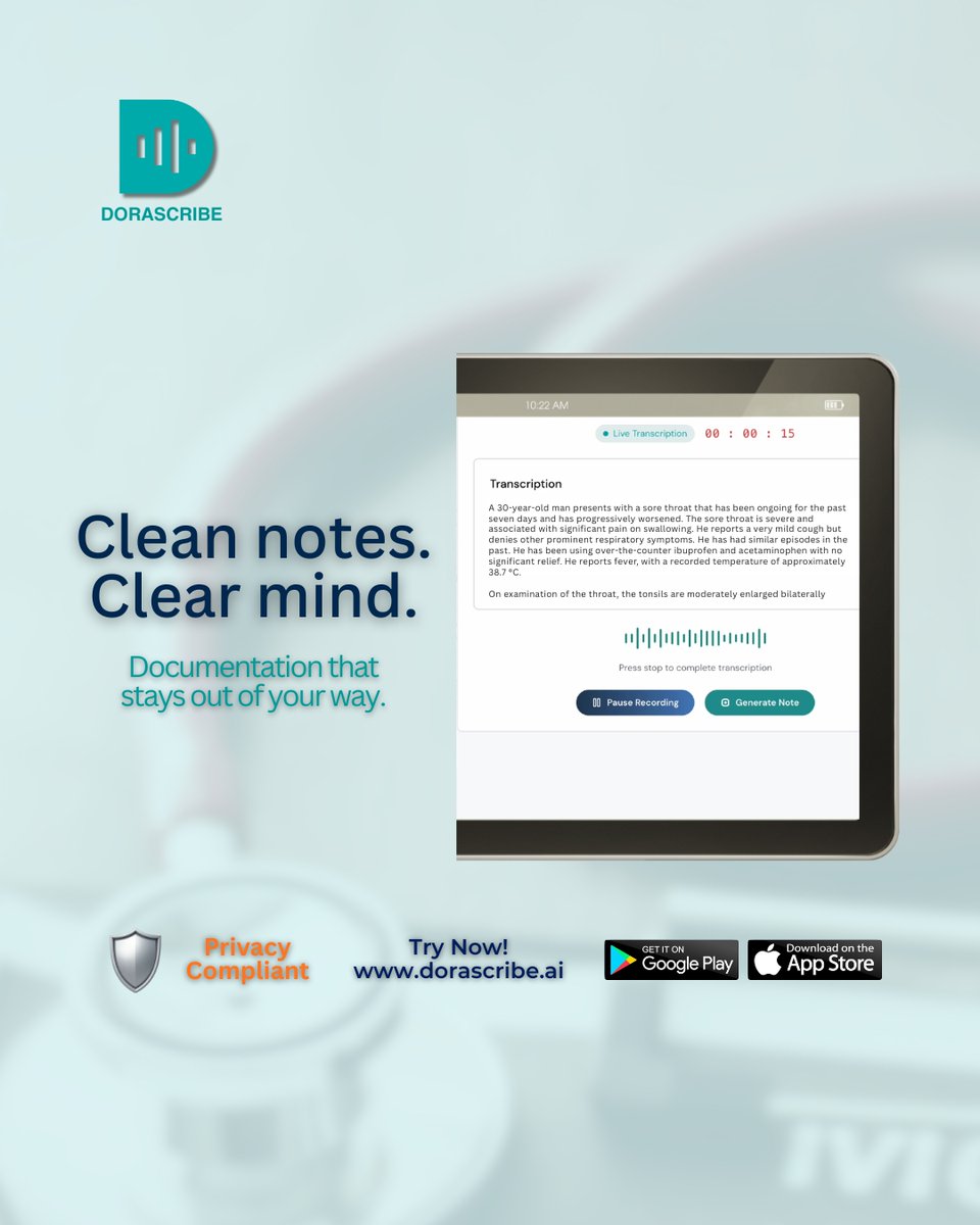 DorascribeInc's tweet photo. Dorascribe creates clinician-ready notes during the encounter, no extra typing later.
Less mental load. More patient focus.
See Dorascribe in action 👉 https://t.co/hGg9rSEBHq
#AIScribe #SOAPNotes https://t.co/Eii19E81OK