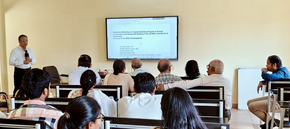 ap_secm1's tweet photo. APSECM, with support from BEE (GoI) and ASCI, conducted a Half-Day Awareness Training on ECSBC-C &amp; ECSBC-R on 12 Feb 2026 at Visakhapatnam, with active participation from government officials. 🌱

#ECSBC #EnergyEfficiency #SustainableBuildings #APSECM #BEEIndia #GreenBuildings https://t.co/wJqxi0ROxz