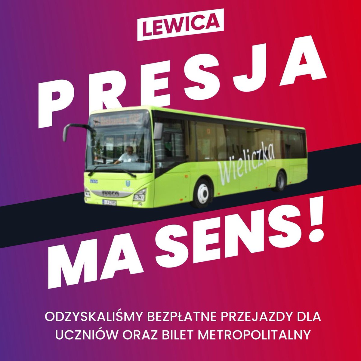 Presja ma sens! 🚌 

Mimo sprzeciwu Burmistrza wraca honorowanie biletu metropolitalnego w autobusach WST oraz darmowe przejazdy dla uczniów wielickich szkół. To efekt działań radnych, w tym radnej <a href="/julia_kubac/">Julia Kubać</a> z Lewicy . Wynegocjowano dobre rozwiązanie dla młodzieży. ✊