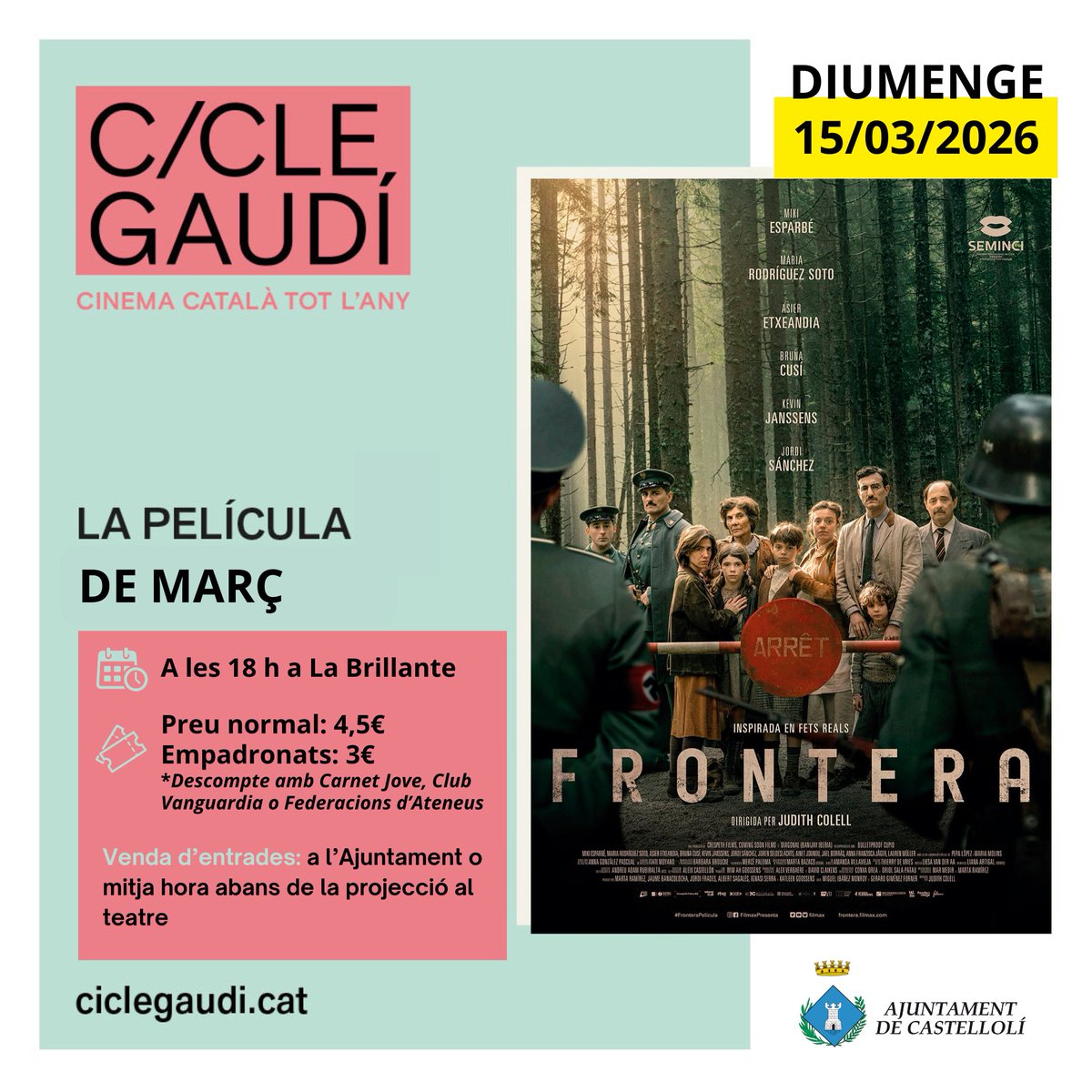 castelloli's tweet image. Aquest mes de febrer, el @ciclegaudi porta a #Castellolí la pel·lícula “Frontera”, de Judith Colell🍿

🗓 15 de març a les 18h
📍La Brillante
🎟 Venda d'entrades a l'Ajuntament o mitja hora abans de la projecció al teatre

No te la perdis! 👏🏼🎞