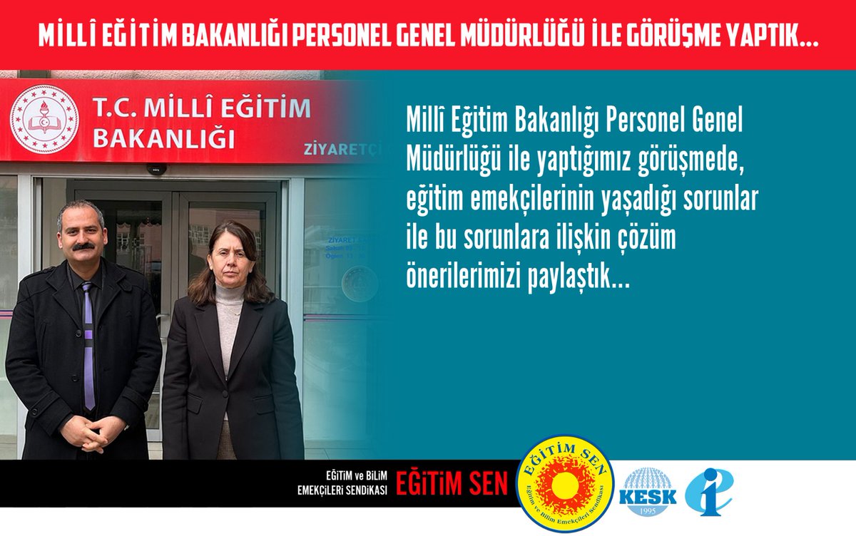🔴Millî Eğitim Bakanlığı Personel Genel Müdürlüğü ile Görüşme Yaptık
Bu görüşmenin temel amacı; öğretmenlerin ve eğitim emekçilerinin Personel Genel Müdürlüğü’nün görev alanına giren konularda yaşadığı sorunları doğrudan muhataplarına iletmek, bu sorunlara ilişkin çözüm