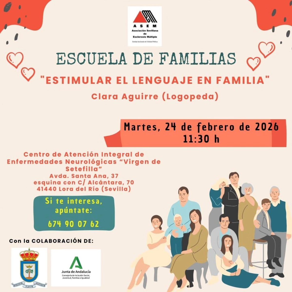 ASEM_SEVILLA's tweet photo. Continuamos con el Programa “Escuela de Familias”, este mes "Estimular el lenguaje en familia", en el Centro de Atención Integral de Enfermedades Neurológicas (Lora del Río).
📆 24 de febrero
#esclerosismultiple #esclerosismultipleloradelrio #CentroIntegral #EscuelaDeFamilias https://t.co/cBcHwieMyo