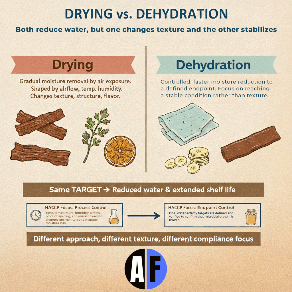 DRYING vs DEHYDRATION 🌬️
Both reduce water. Not the same.
Drying = process control
→ Time, airflow &amp; environment shape texture and flavor.
Dehydration = endpoint control
→ Defined water activity targets ensure stability.
Same goal.
Different texture.
Different compliance focus.
