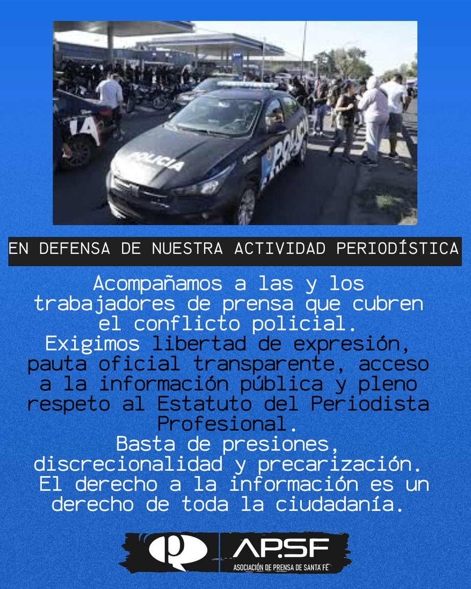 ▶️Respaldamos a las y los trabajadores de prensa que cubren el conflicto policial.
▶️Exigimos libertad de expresión, pauta oficial transparente y respeto al Estatuto del Periodista Profesional.
▶️Sin derechos laborales y sin independencia no hay democracia.
⬇️