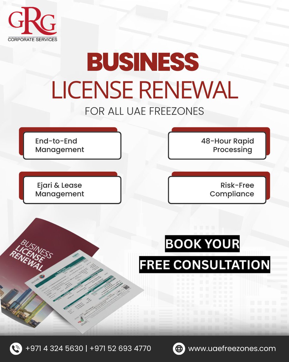 uaefreezone's tweet photo. Ensure your business stays ahead in 2026. Don’t let an expired license halt your growth. From Ejari management to 48-hour rapid processing, we handle the complexities across all UAE Free Zones so you don't have to. https://t.co/ZJJnga4xlB