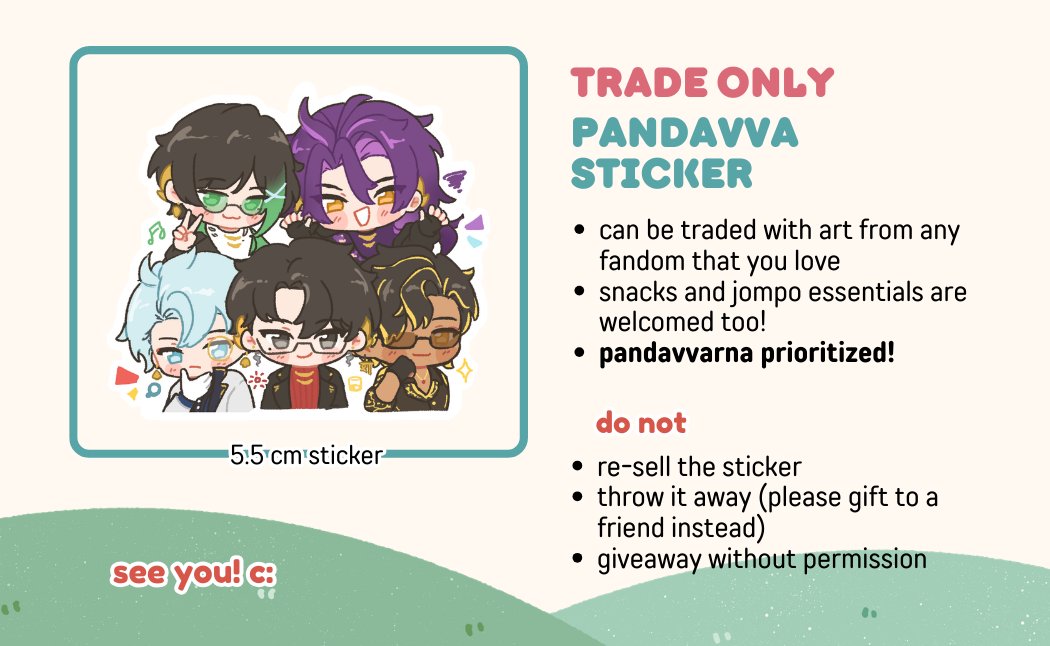 btw buat yang ke cocoma besok sabtu, aku ada siapin sticker pandavva buat yang mau trade! boleh trade pake apa aja ngga harus sama art, boleh snack atau koyo, apapun sangat appreciated 👌 see you there!