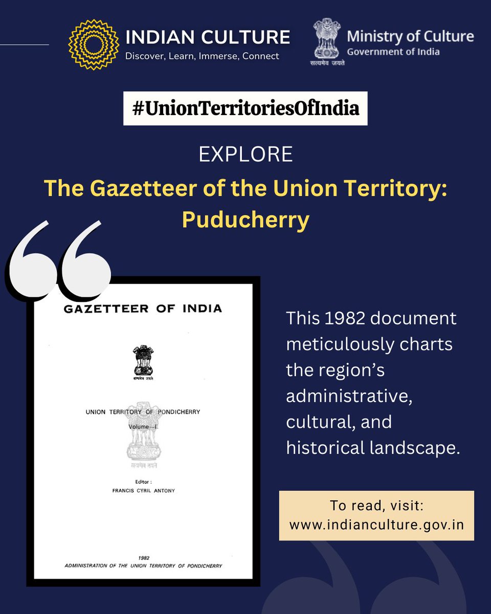 _IndianCulture's tweet image. A #document. A #region. A #legacy.

Explore the #Gazetteer of the #UnionTerritory: #Puducherry (1982) on the @_IndianCulture

Visit: indianculture.gov.in

#UnionTerritoriesOfIndia #IndianHeritage #IndianArchives

@MinOfCultureGoI
@AmritMahotsav
@incredibleindia
@pondytourism