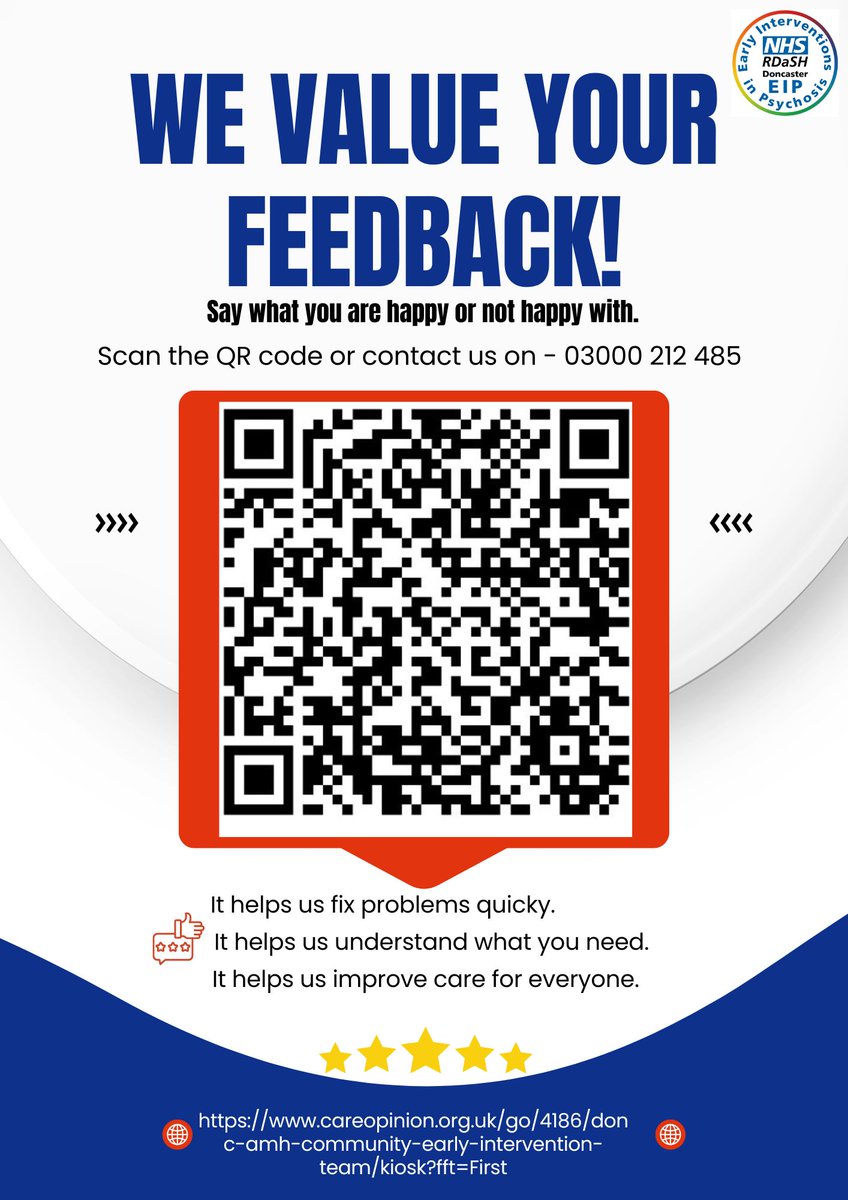 DoncasterEIP's tweet photo. If you have used the Early Intervention in Psychosis Team (Doncaster) NHS service, we would love to hear from you. Your feedback helps us improve care, fix issues quickly, and better support our community.
#YourVoiceMatters  #Doncaster #MentalHealthSupport #ServiceImprovement https://t.co/mBuyrcaaJV