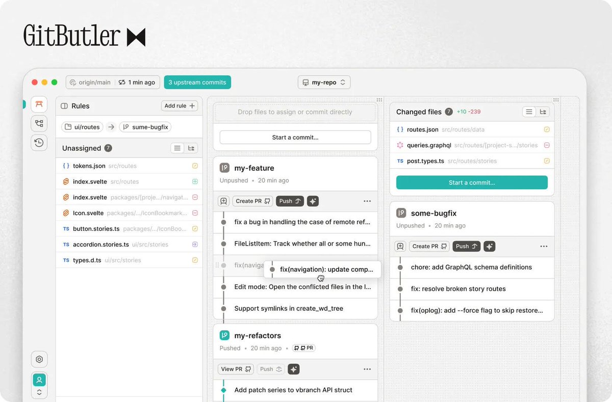 13Node_ES's tweet photo. ¿No quieres usar terminal para trabajar con Git? GitButler es gratis y open source.

✓ Edita commits con drag &amp; drop
✓ Integración con GitHub y GitLab
✓ IA para mensajes de commit y PRs

Rendimiento top. Hecho con Rust y Tauri.
→ https://t.co/wtRDp2Tf0v https://t.co/wxXYjb5Ax2