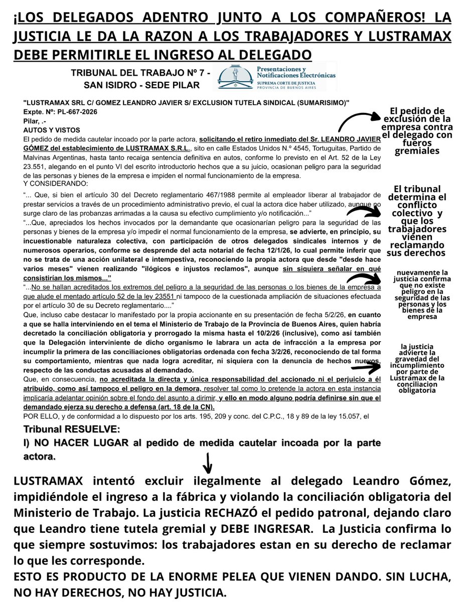 Los delegados adentro junto a los compañeros la justicia nos dió la razón a los trabajadores y lustramax debe permitirle el ingreso al delegado