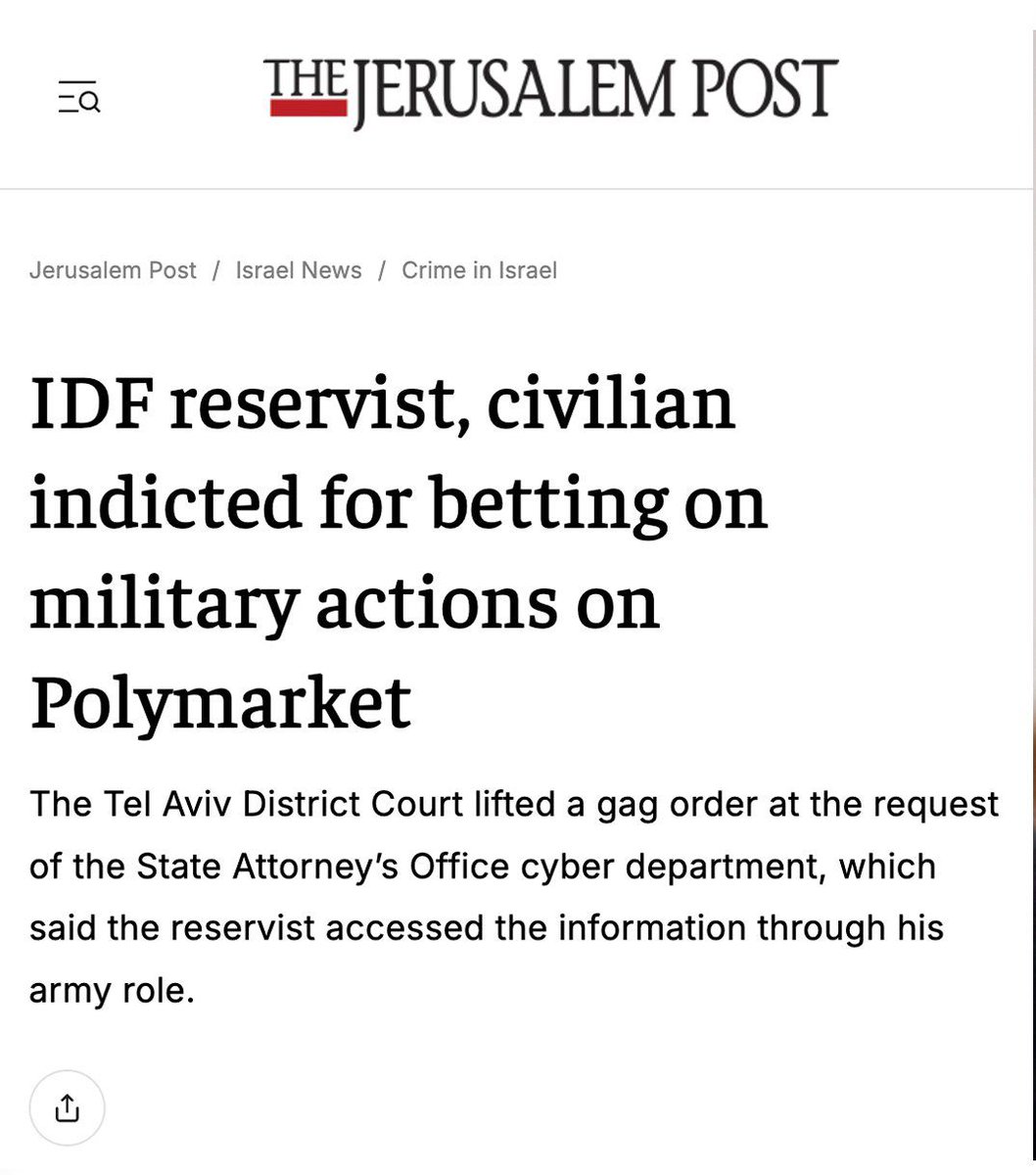 update: he got caught

turns out the "israel insider" with a 100% winrate on military ops was literally an IDF reservist using classified intel

indicted today

he traded his freedom for $150k on Polymarket

prediction markets are efficient, but the consequences are real
